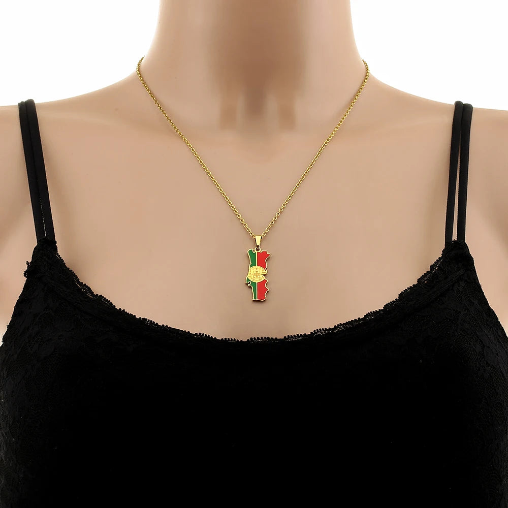 14K Gold Plated Portugal Map Flag Necklace