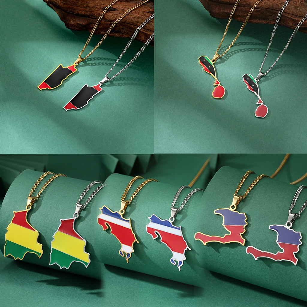 Latin American Country Map Necklace 14K Gold Plated