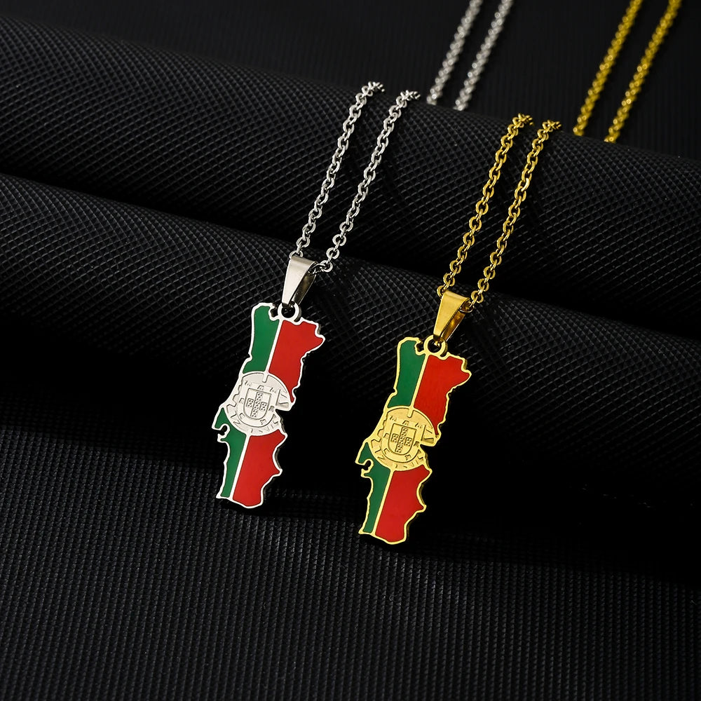 14K Gold Plated Portugal Map Flag Necklace