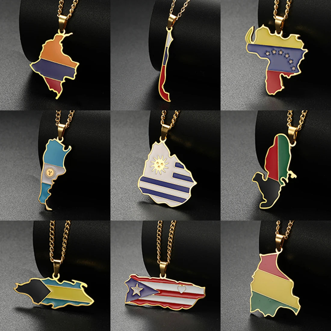 Latin American Country Map Necklace 14K Gold Plated