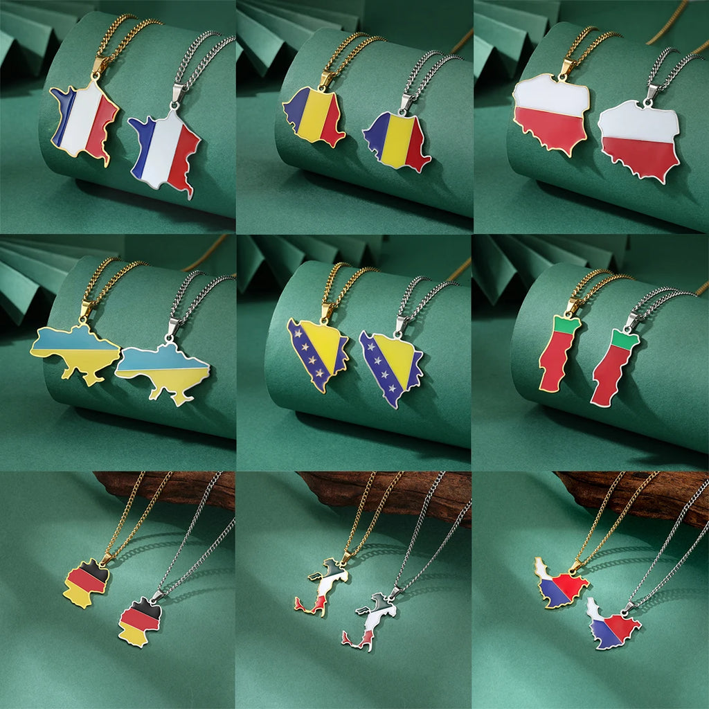 European Country Map & Flag Necklace – Enamel Stainless Steel Pendant